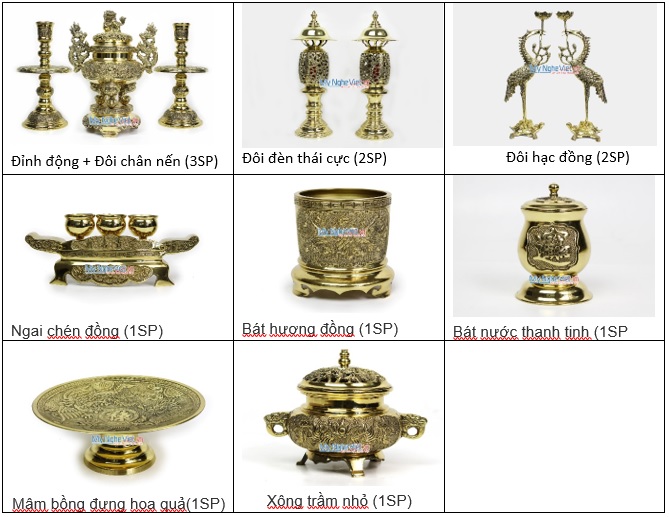 Bộ đồ thờ cúng bằng đồng 10 món ( Lư đồng cao 45cm ) 3 bát hương + Ống hương