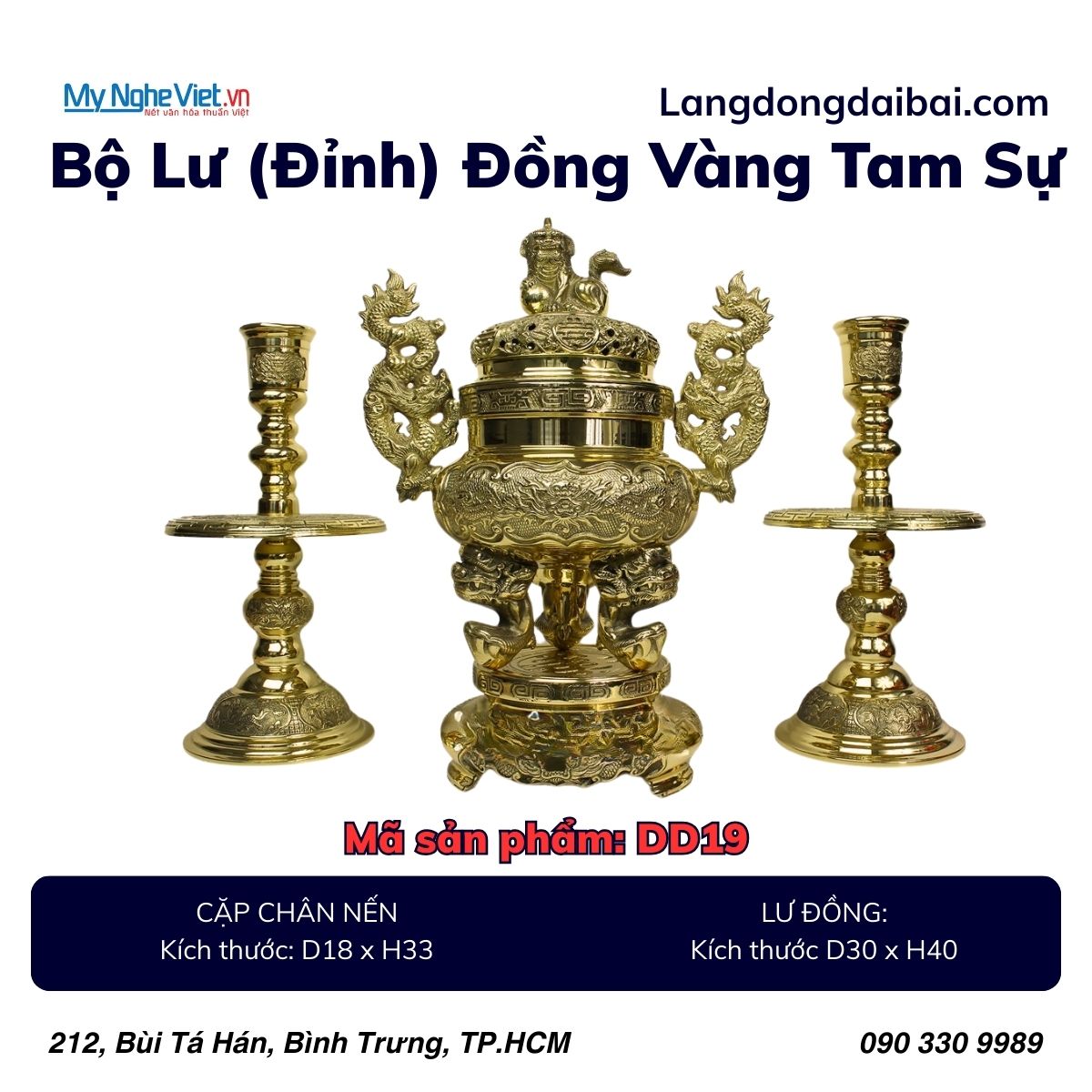 Bộ Lư đồng rồng (Đỉnh đồng) và chân nến tứ linh đồng - Bộ thờ cúng MNV-DD19