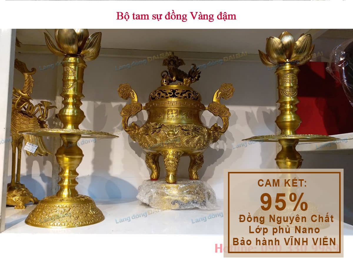 Bộ Tam Sự Đồng Vàng Đậm Chạm Rồng+ cặp Hoa Sen MNV-DD18/40Rvangdam