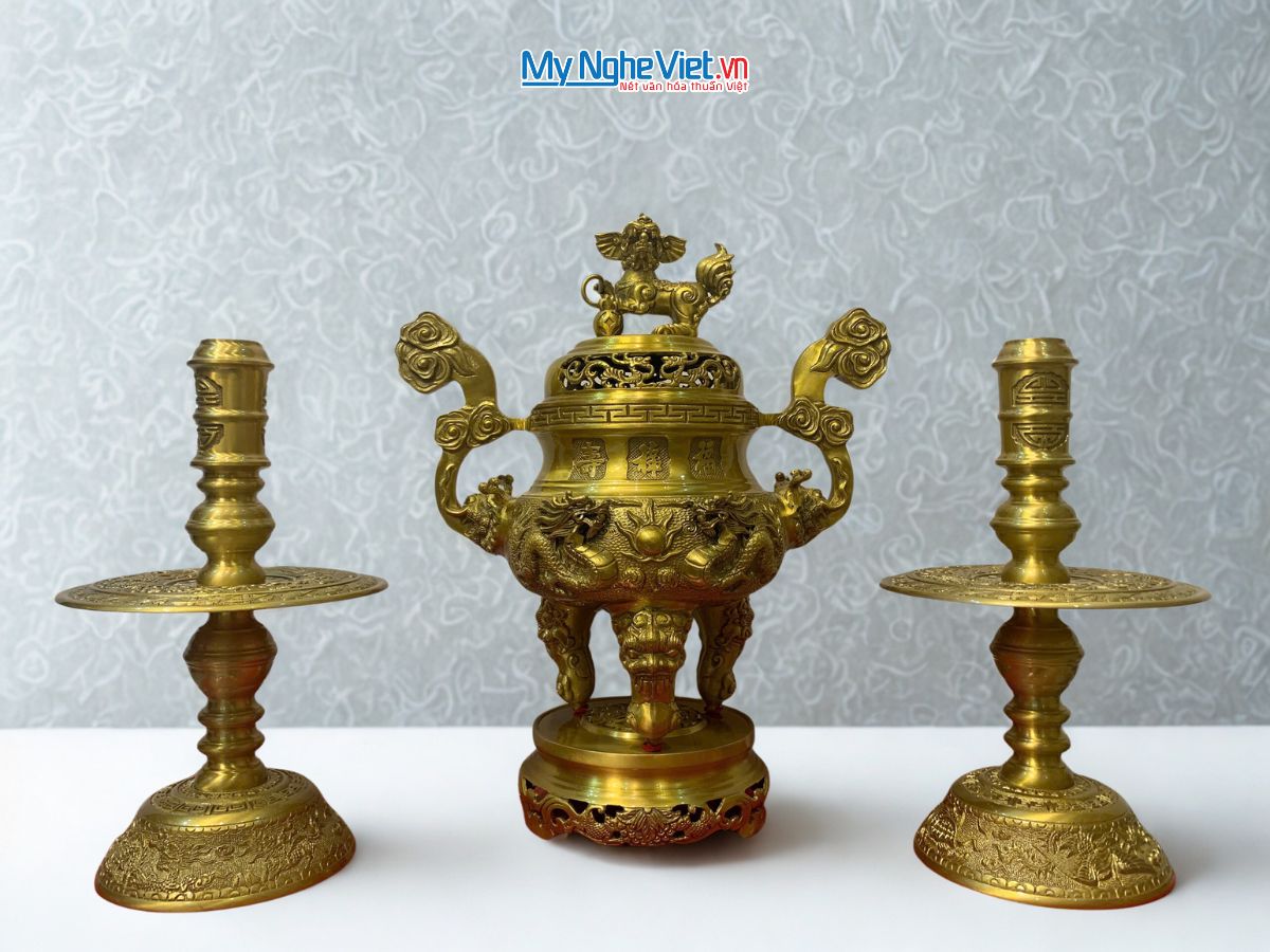 Bộ Tam Sự Cao Cấp Đồng Vàng Đậm chạm Rồng MNV-DD18/40-2