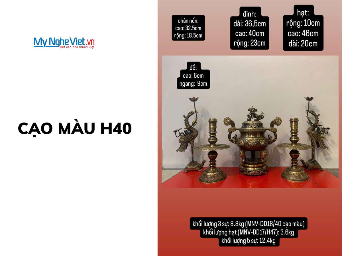 Bộ Ngũ Sự Bằng Đồng Cạo màu Chạm Rồng Phụng H40cm DD18/40NS cao mau