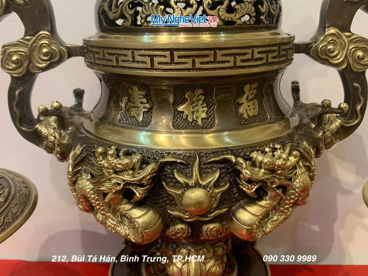 Bộ Ngũ Sự Bằng Đồng Cạo màu Chạm Rồng Phụng H40cm DD18/40NS cao mau
