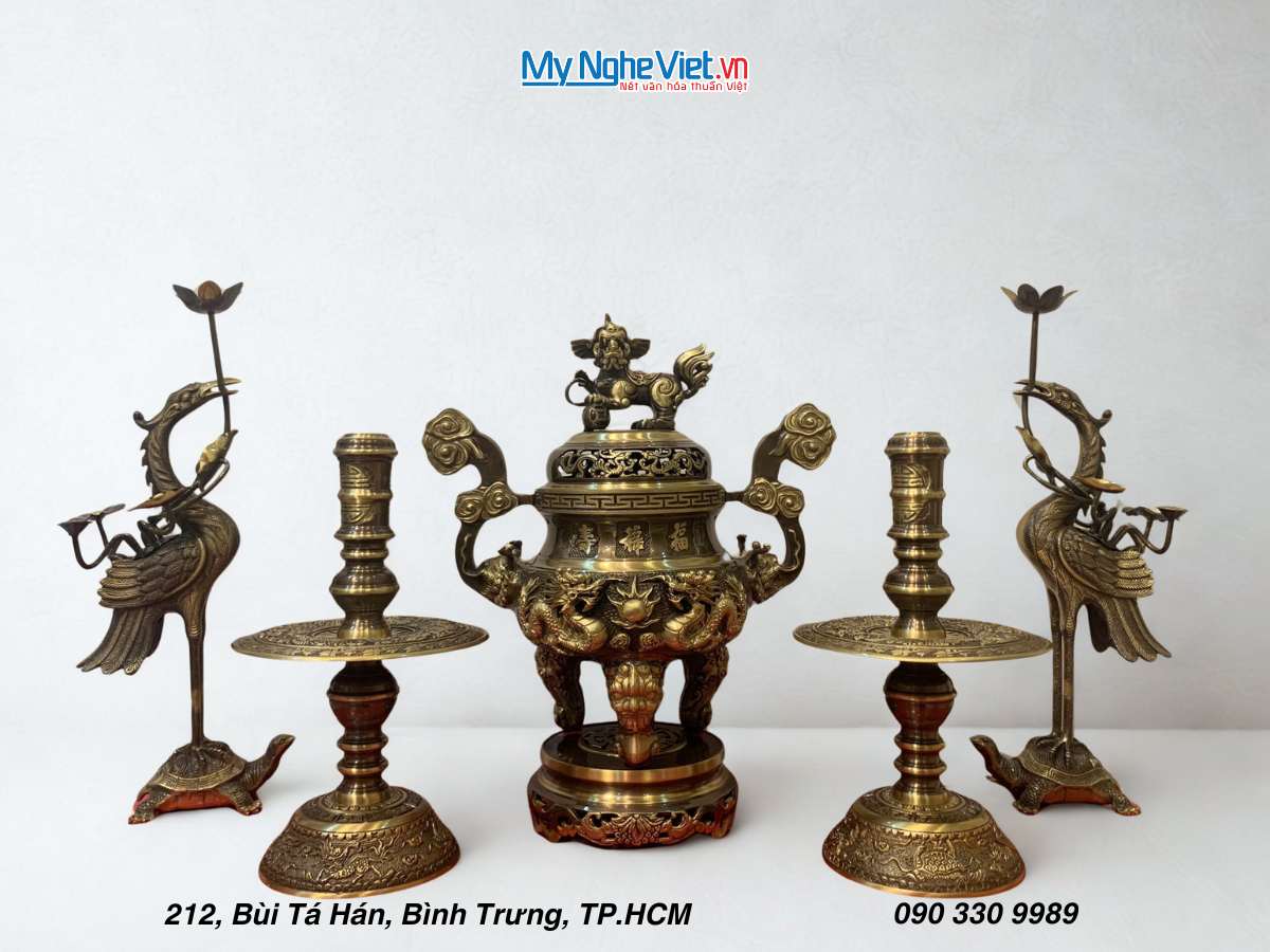 Bộ lư đồng Ngũ Sự Cao Cấp Đồng Cạo màu Chạm Rồng Phụng H40cm