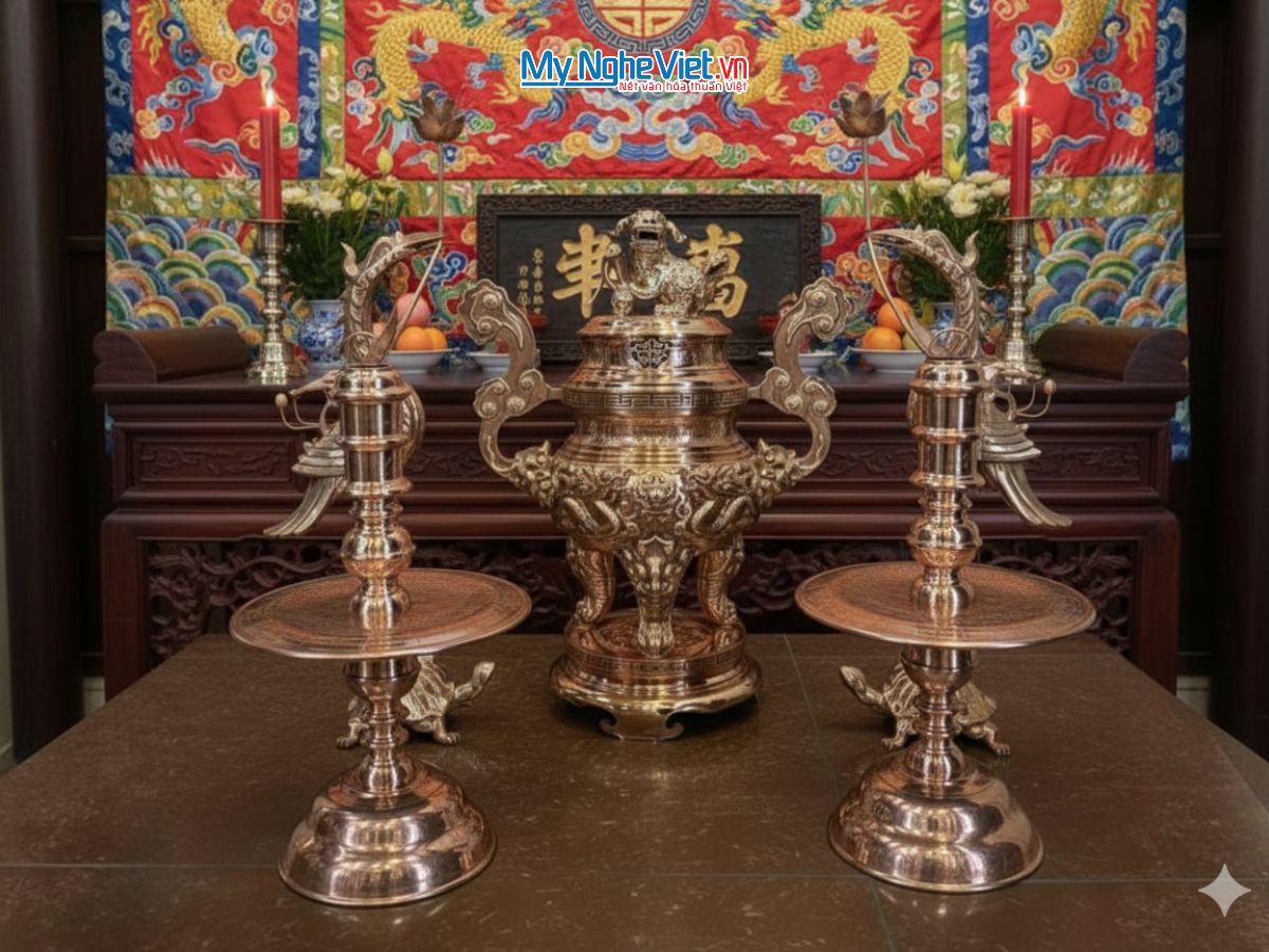 Bộ đồ thờ cúng ngũ sự đồng đỏ rồng H60 bóng MNV-DD18/60/DDRB