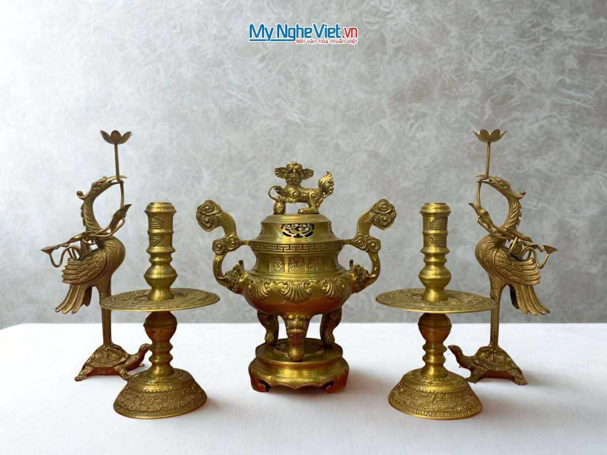Combo Bộ Lư (Đỉnh) Đồng Ngũ Sự vàng đậm hoa sòi DD18/40NSS