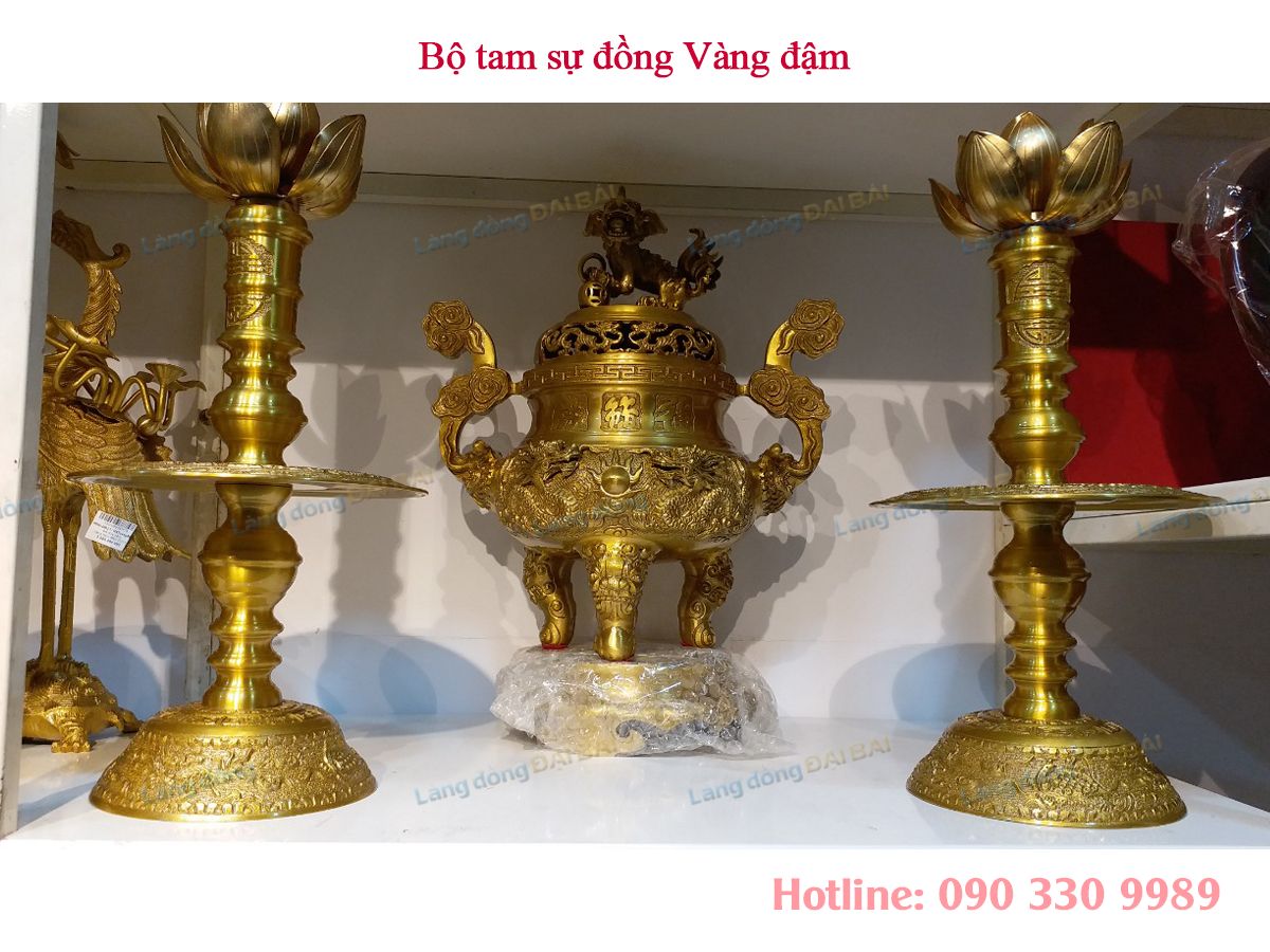 Bộ Tam Sự Đồng Vàng Đậm Chạm Rồng+ cặp Hoa Sen MNV-DD18/40Rvangdam
