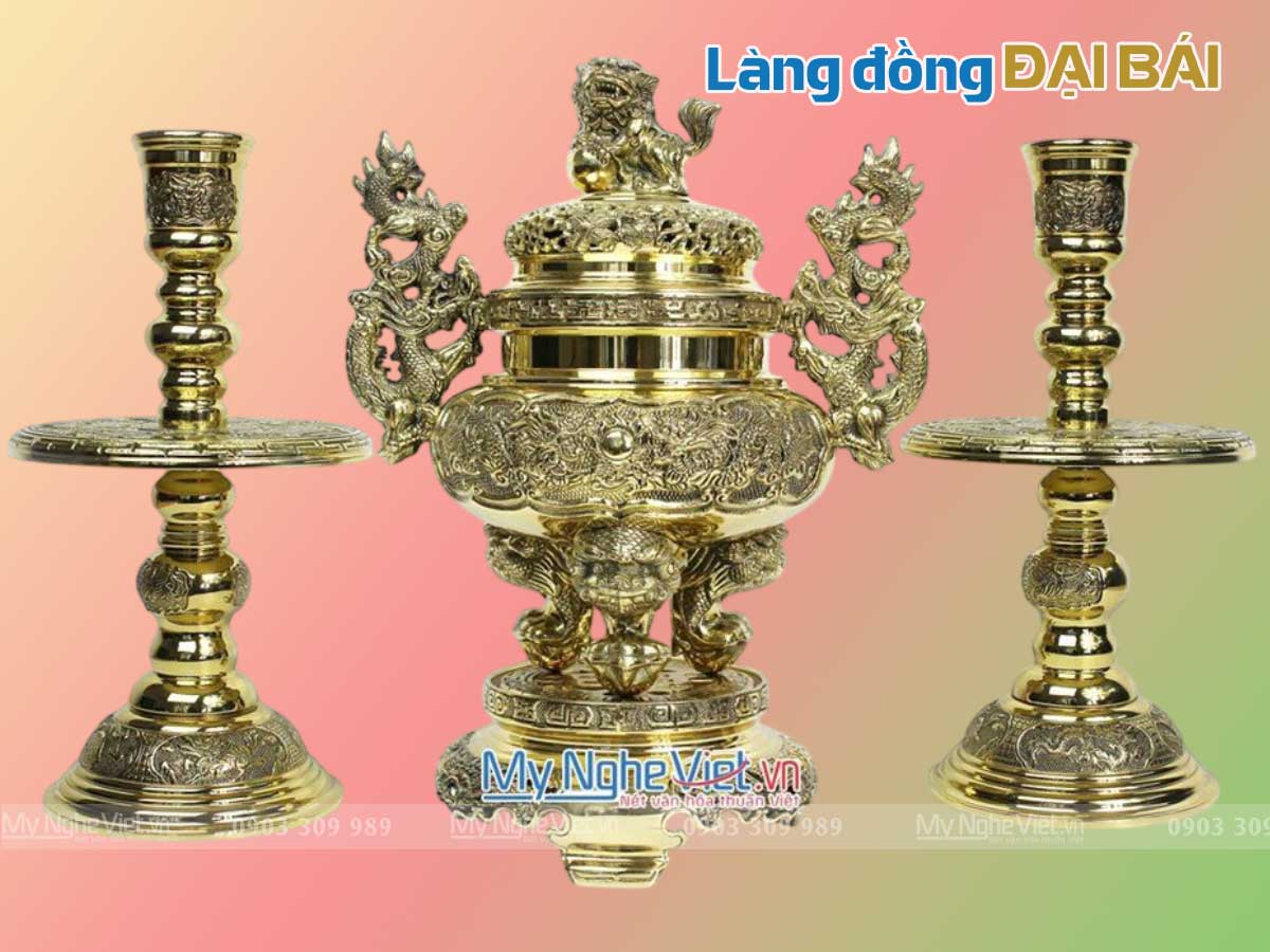 Bộ Lư (Đỉnh) Đồng Ngũ Sự và Đôi Chân Nến + Đôi Hạc Đồng - Bộ thờ cúng MNV-DD20-55