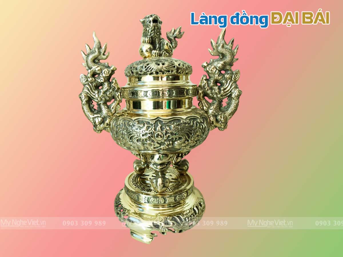 Bộ Lư (Đỉnh) Đồng Ngũ Sự và Đôi Chân Nến + Đôi Hạc Đồng - Bộ thờ cúng MNV-DD20-55