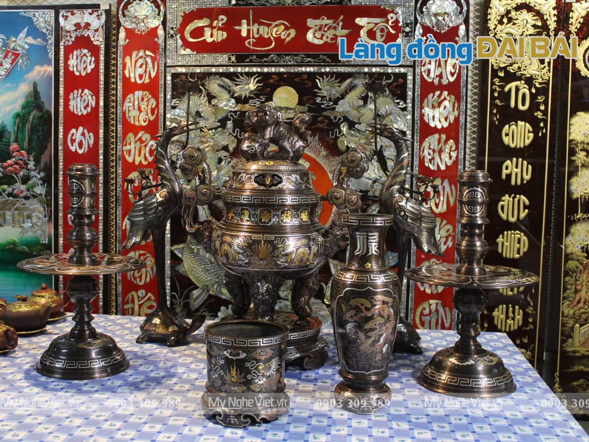 Bộ ngũ sự bằng đồng khảm ngũ sắc 5 chữ vàng H70cm hàng đẹp DDNS18-70