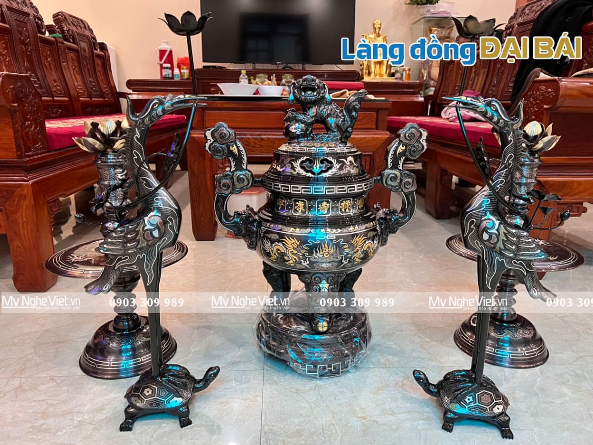 Bộ đồng khảm ngũ sắc 5 chữ vàng H70cm 15 món hàng đẹp cao cấp DDNS18-15