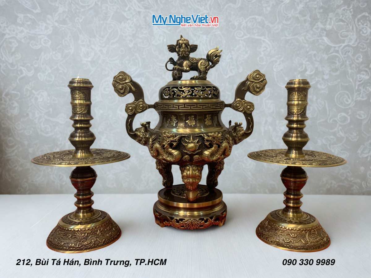 Bộ Tam Sự Bằng Đồng Cạo màu Chạm Rồng Phụng MNV-DD18/40 cao mau