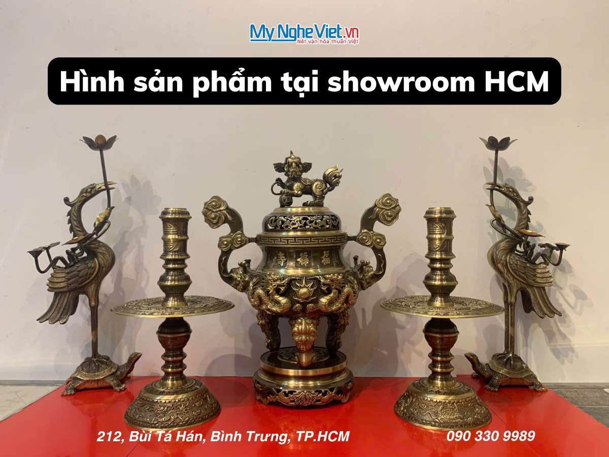 Bộ Ngũ Sự Bằng Đồng Cạo màu Chạm Rồng Phụng H40cm DD18/40NS cao mau
