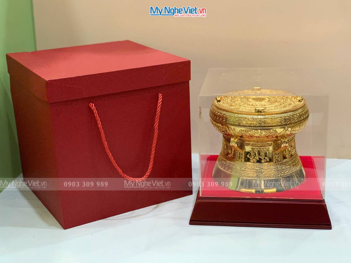 Trống đồng mạ vàng 24K D15cm - Đúc mạ vàng DD28-15D