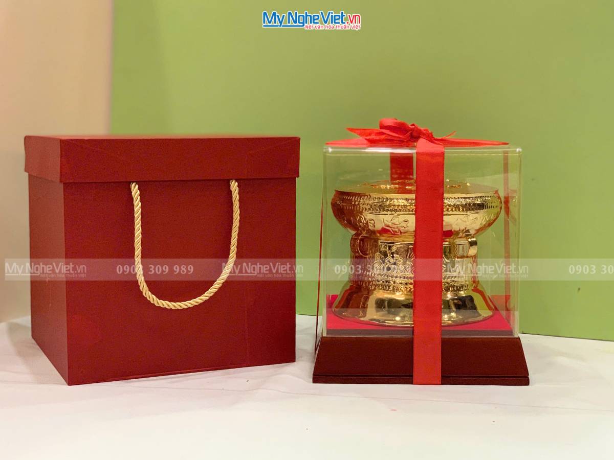 Trống đồng lưu niệm mạ vàng 24K D10cm - Gò mạ vàng DD28-10G