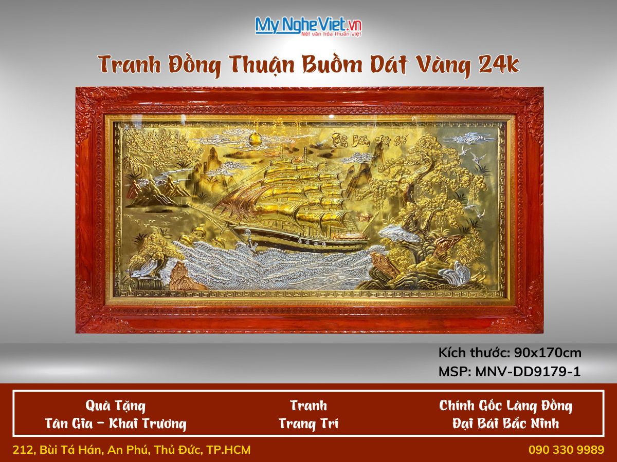 Tranh Đồng thuyền thuận buồm có đèn led 90x170 khung vặn- Dát vàng 24k