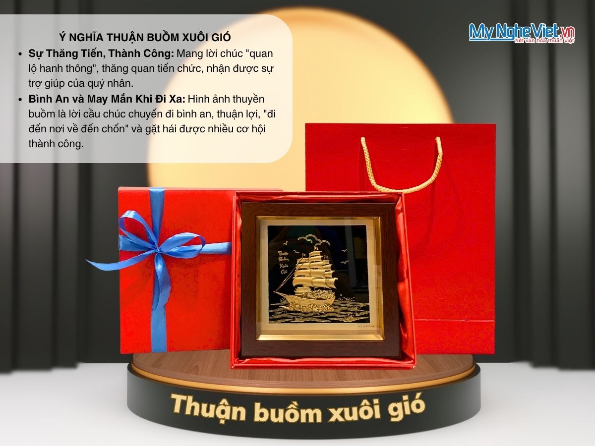 Tranh thuyền buồm dát vàng 24k nền đen để bàn và Hộp xilot đỏ - MNVHD04.10.1