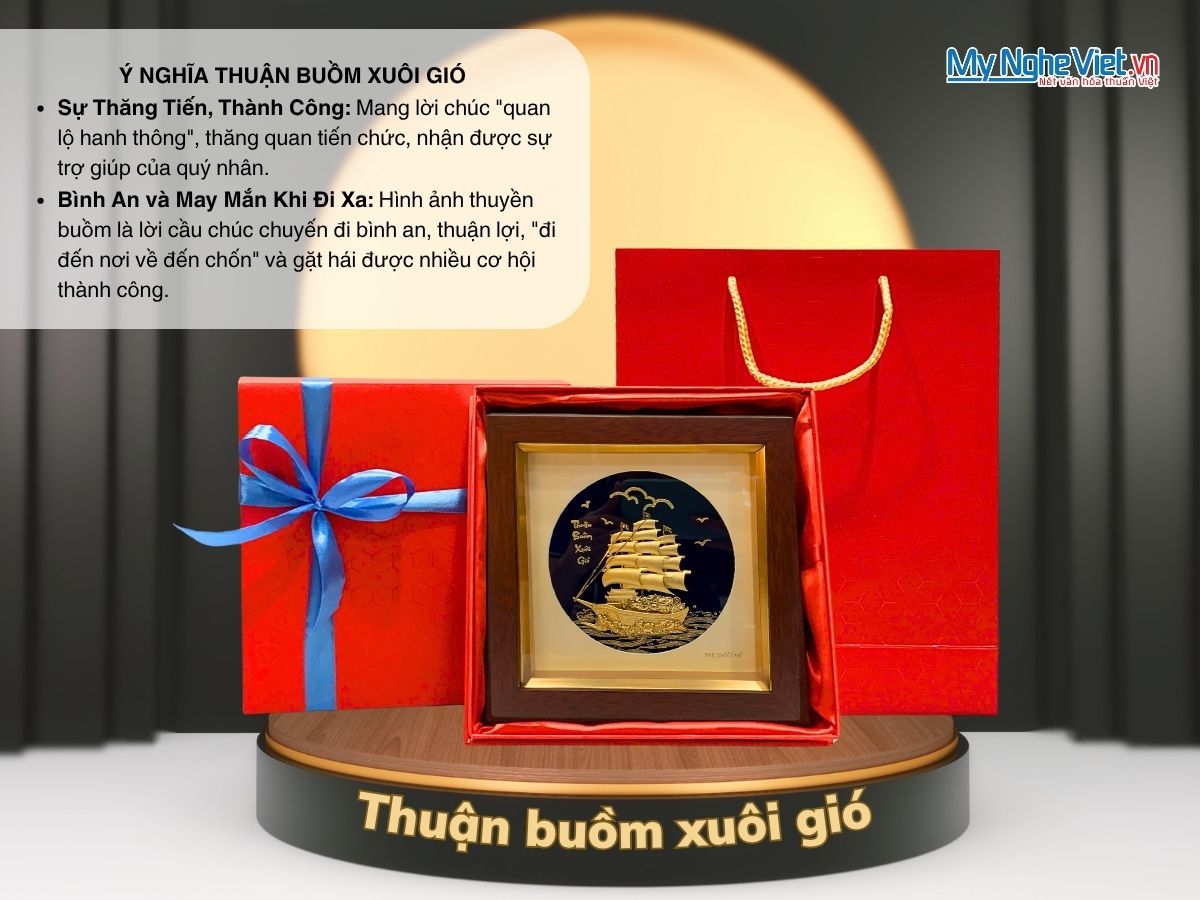 Tranh thuyền buồm dát vàng 24k nền xanh để bàn và Hộp xilot đỏ - MNVHD04.3.1