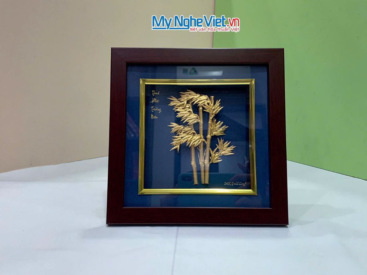 Tranh Tre trúc dát vàng nền xanh