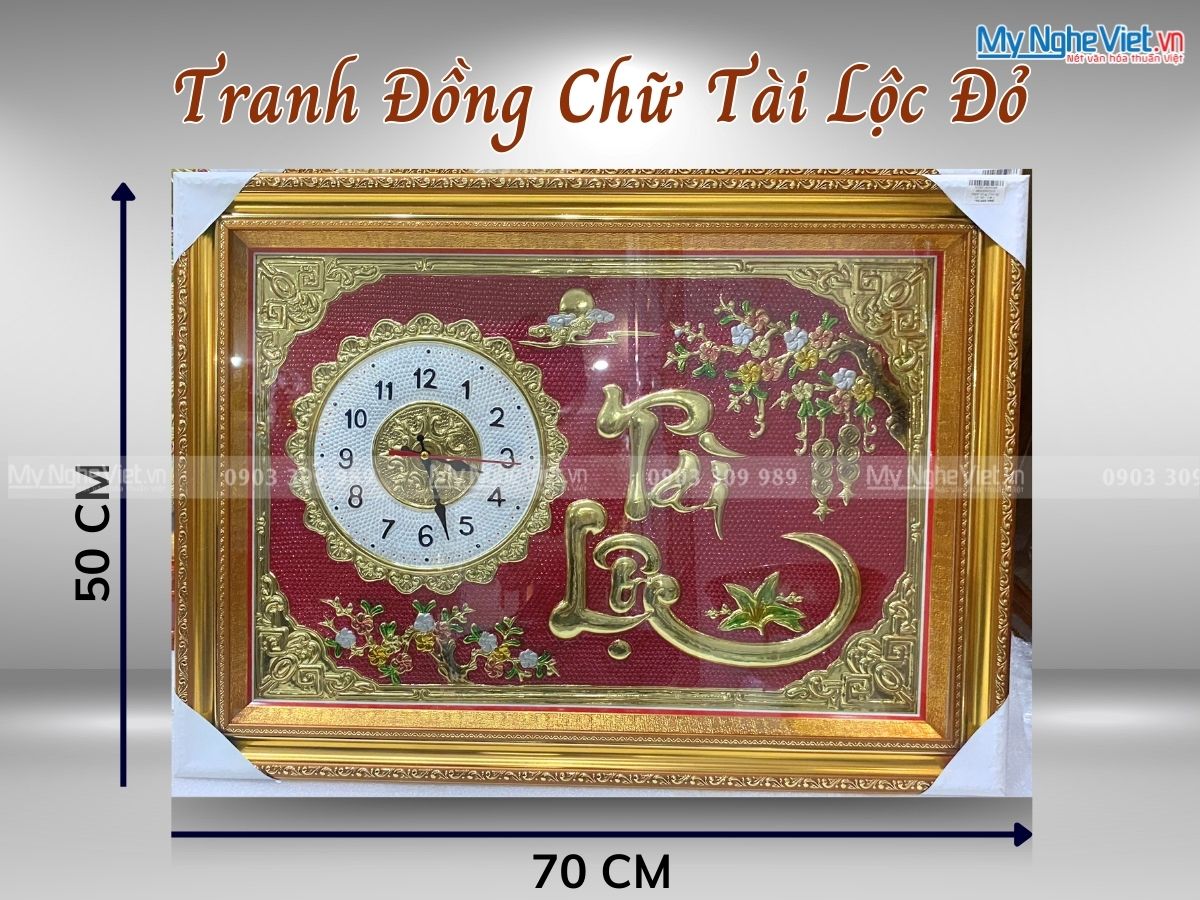 Tranh Đồng Chữ Thư Pháp - Đồng hồ chữ Tài Lộc Nền Đỏ DD012-1