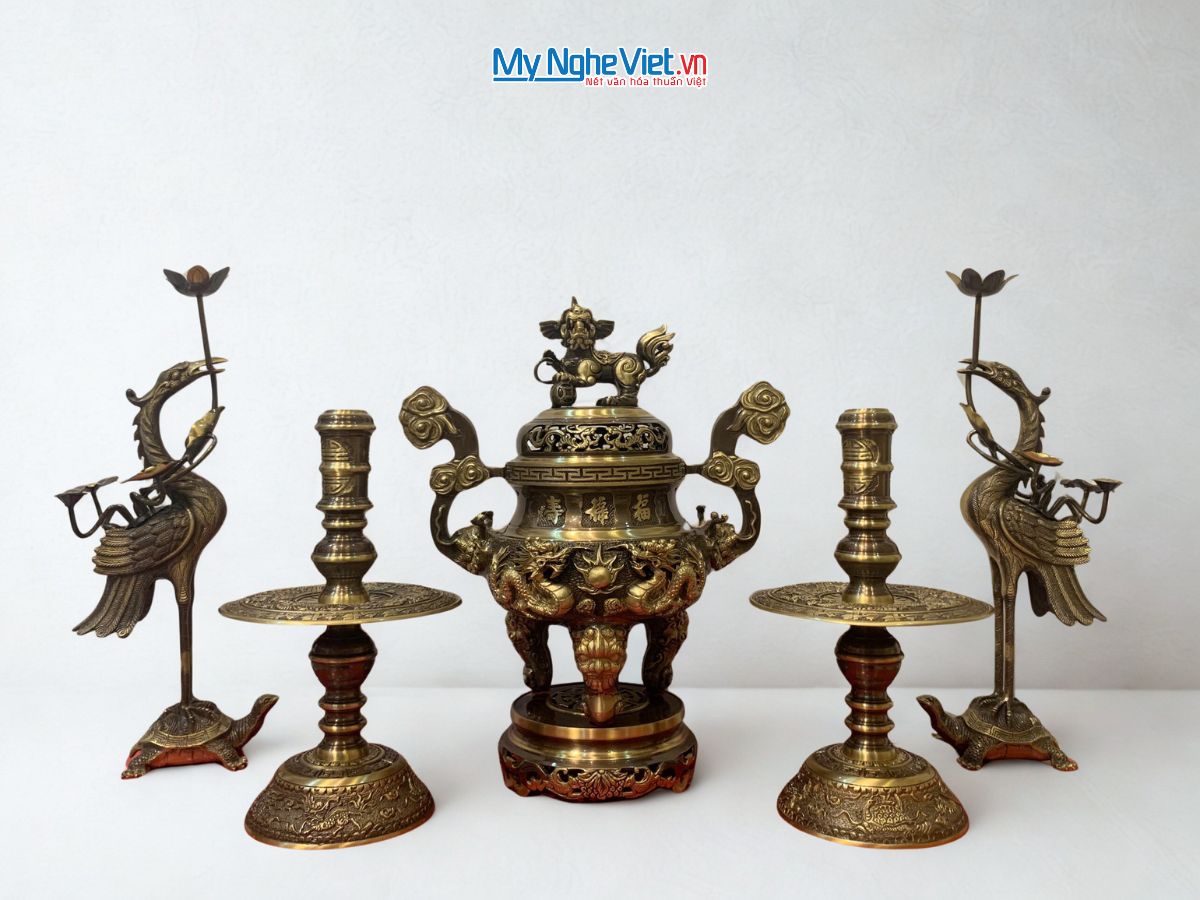 Bộ Ngũ Sự Bằng Đồng Cạo màu Chạm Rồng Phụng H40cm DD18/40NS cao mau