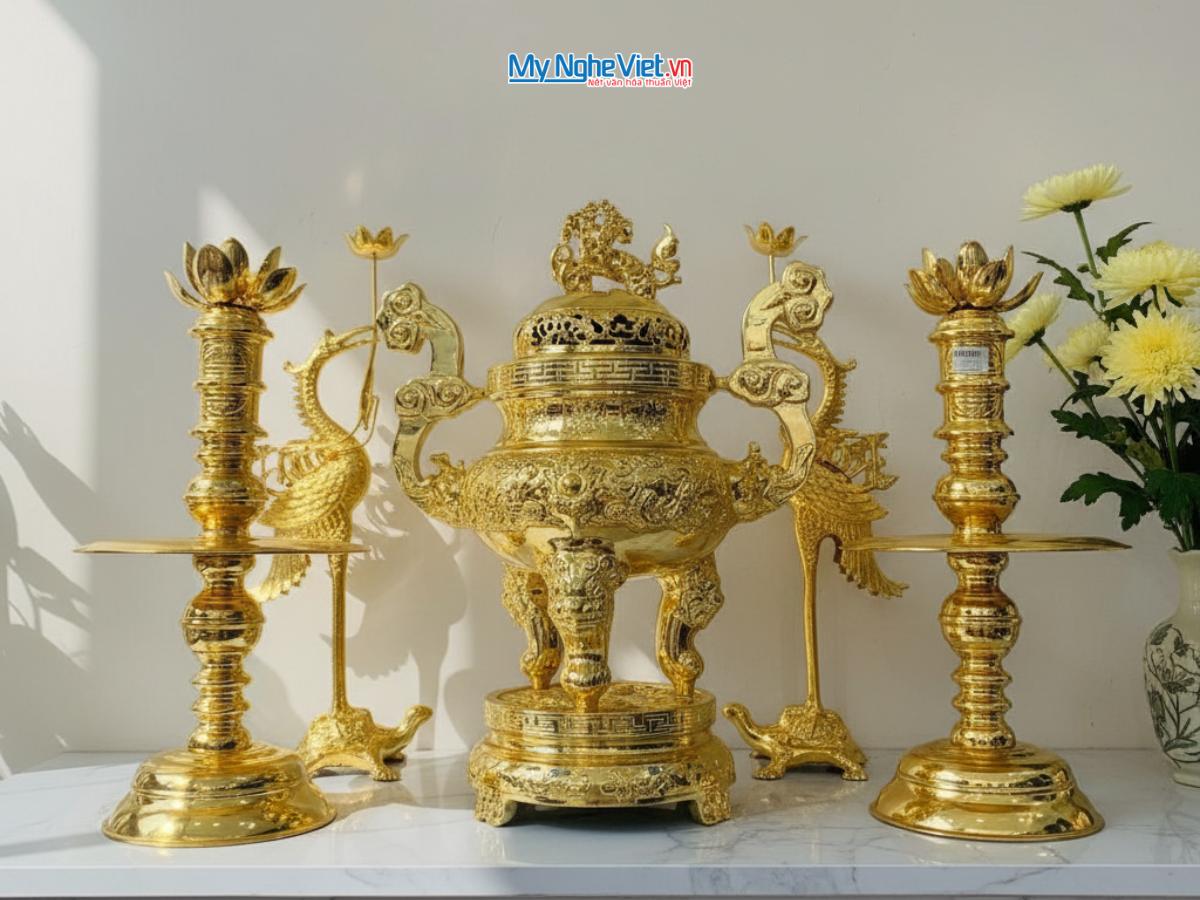 Bộ Lư (Đỉnh) Đồng Ngũ Sự Mạ Vàng - Bộ thờ cúng MNV-DD18/50MV