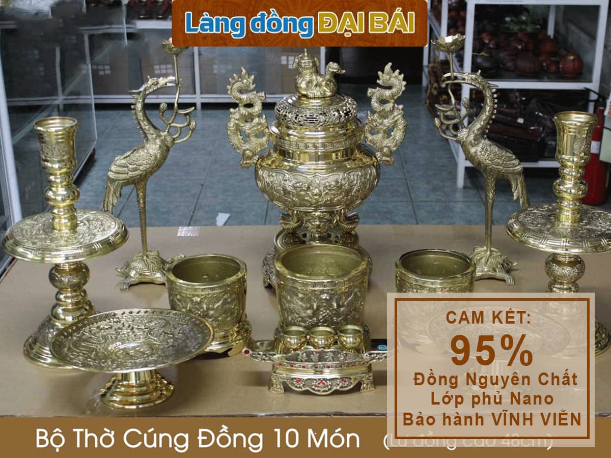 Bộ đồ thờ cúng bằng đồng 10 món ( Lư đồng cao 45cm ) 3 bát hương + Ống hương