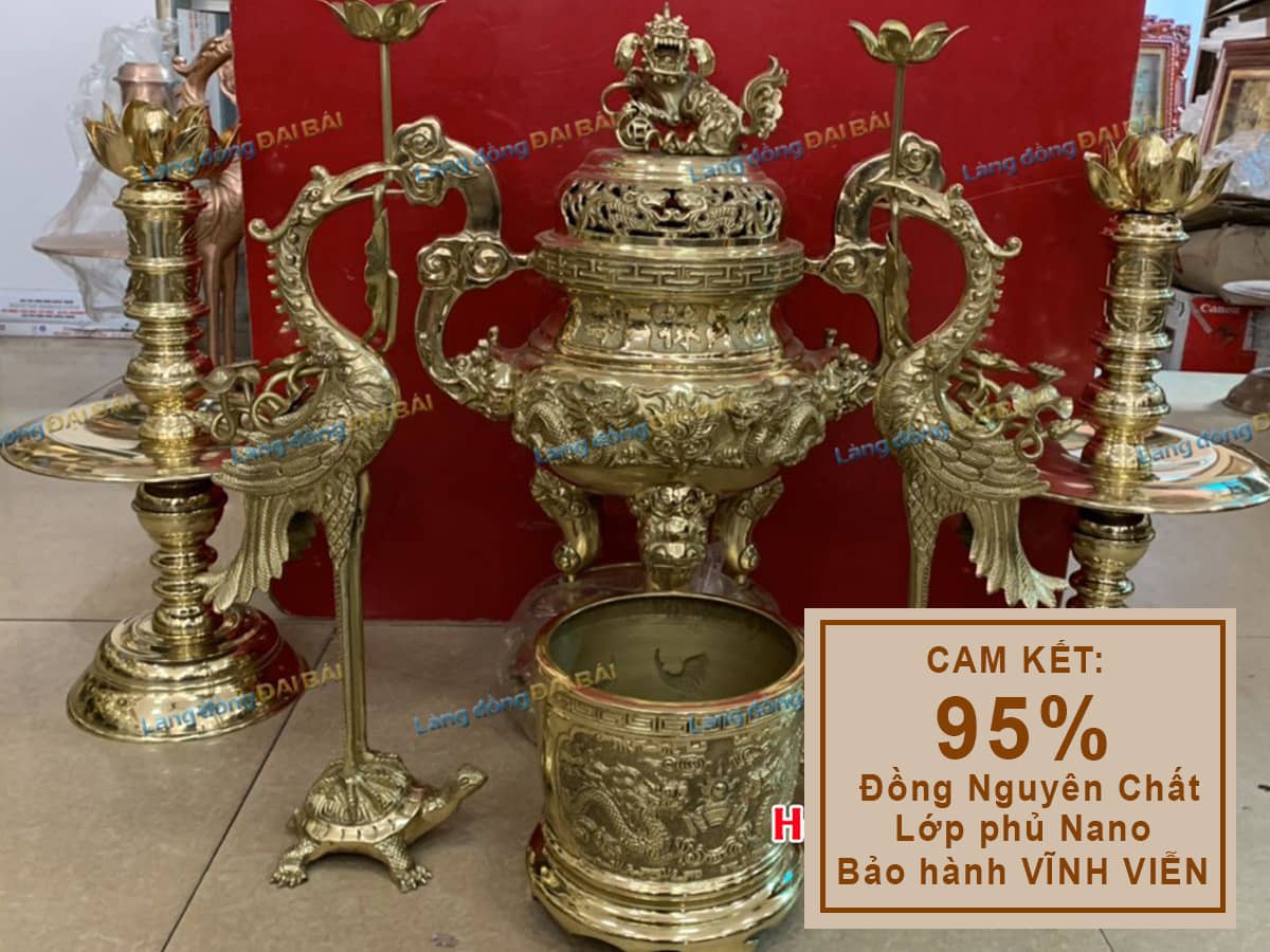 Bộ Đồ Thờ Cúng Đồng Bộ ngũ sự đồng vàng rồng + Bát hương MNV-DD18/60R-1