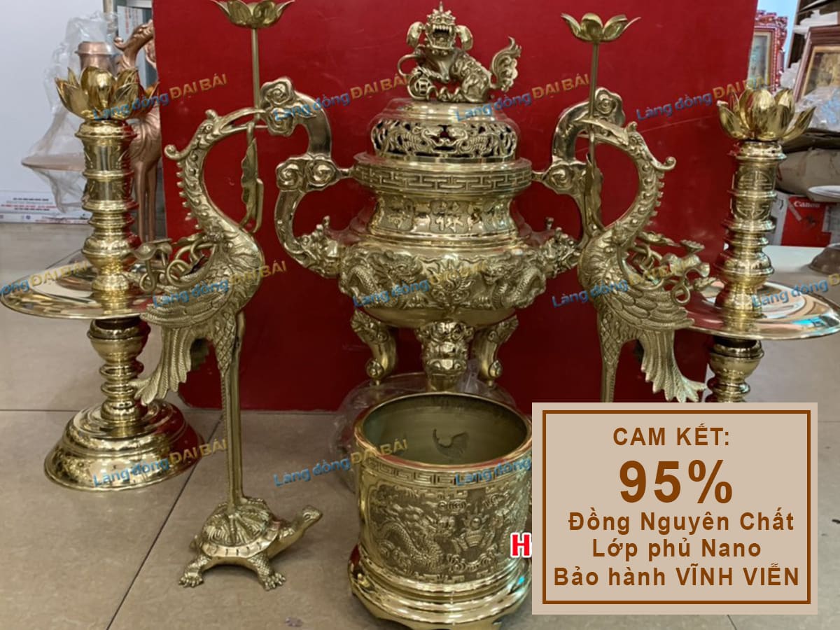 Bộ tam sự đồng vàng rồng phụng mới H90cm (81cm) + Chân Đèn (kèm búp sen)  MNV- DD18/90S