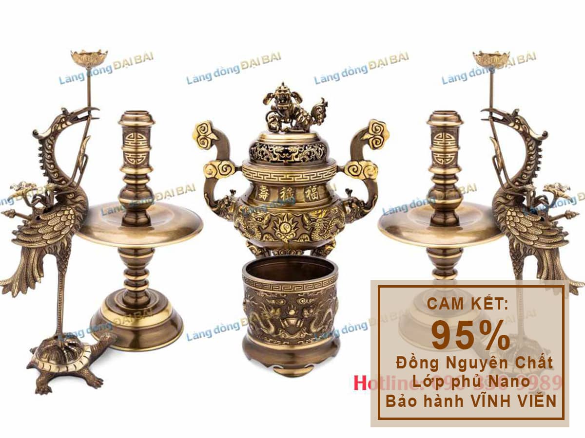 Bộ Đồ Thờ Cúng Đồng Cạo Màu Ngũ Sự + Bát Hương 