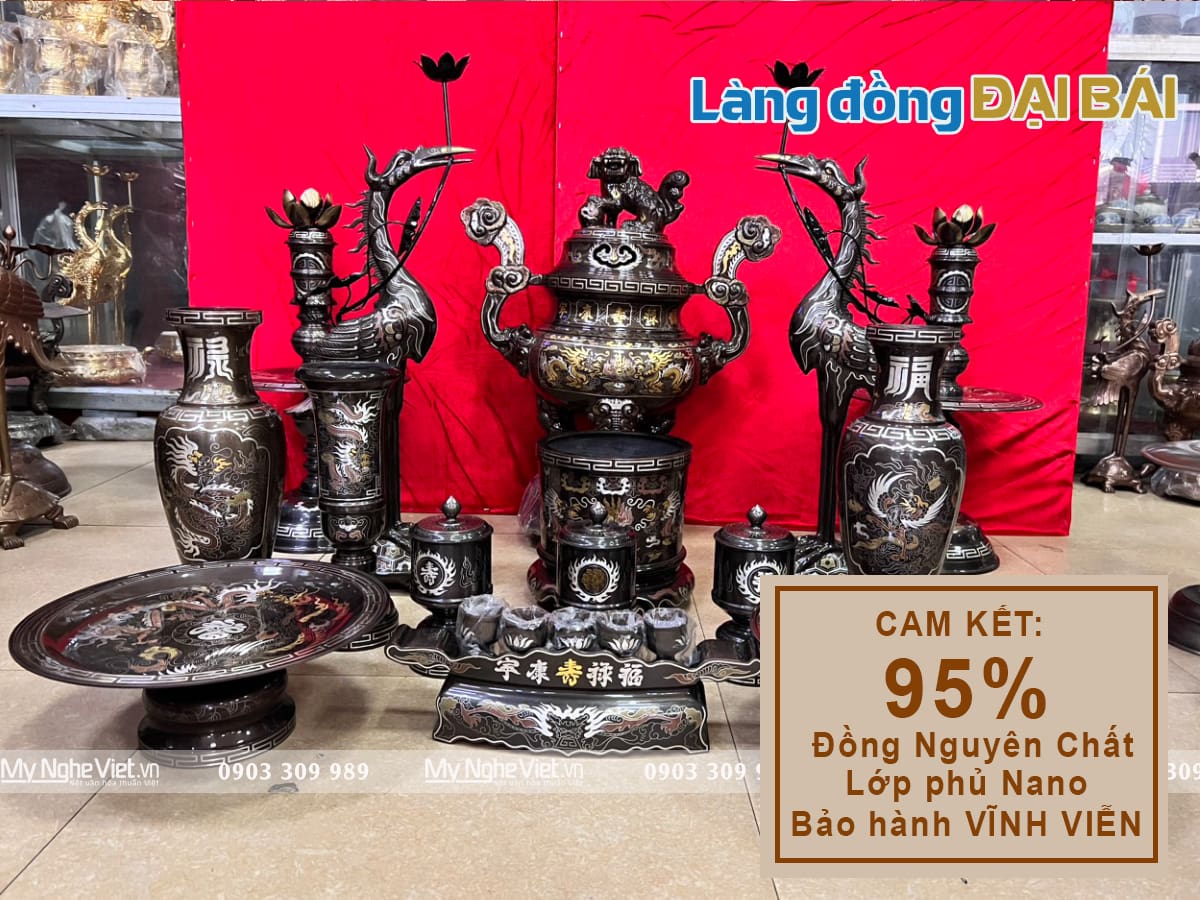 Bộ đồng khảm ngũ sắc 5 chữ vàng H70cm 15 món hàng đẹp cao cấp DDNS18-15
