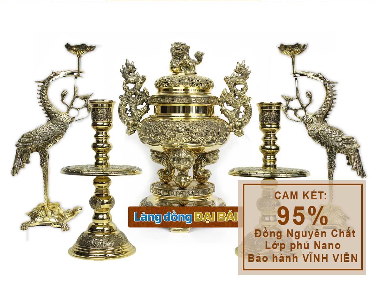 Bộ Lư (Đỉnh) Đồng Ngũ Sự và Đôi Chân Nến + Đôi Hạc Đồng - Bộ thờ cúng MNV-DD20