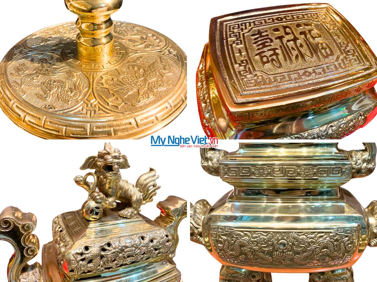 Bộ tam sự vàng bóng Đỉnh vuông H45cm