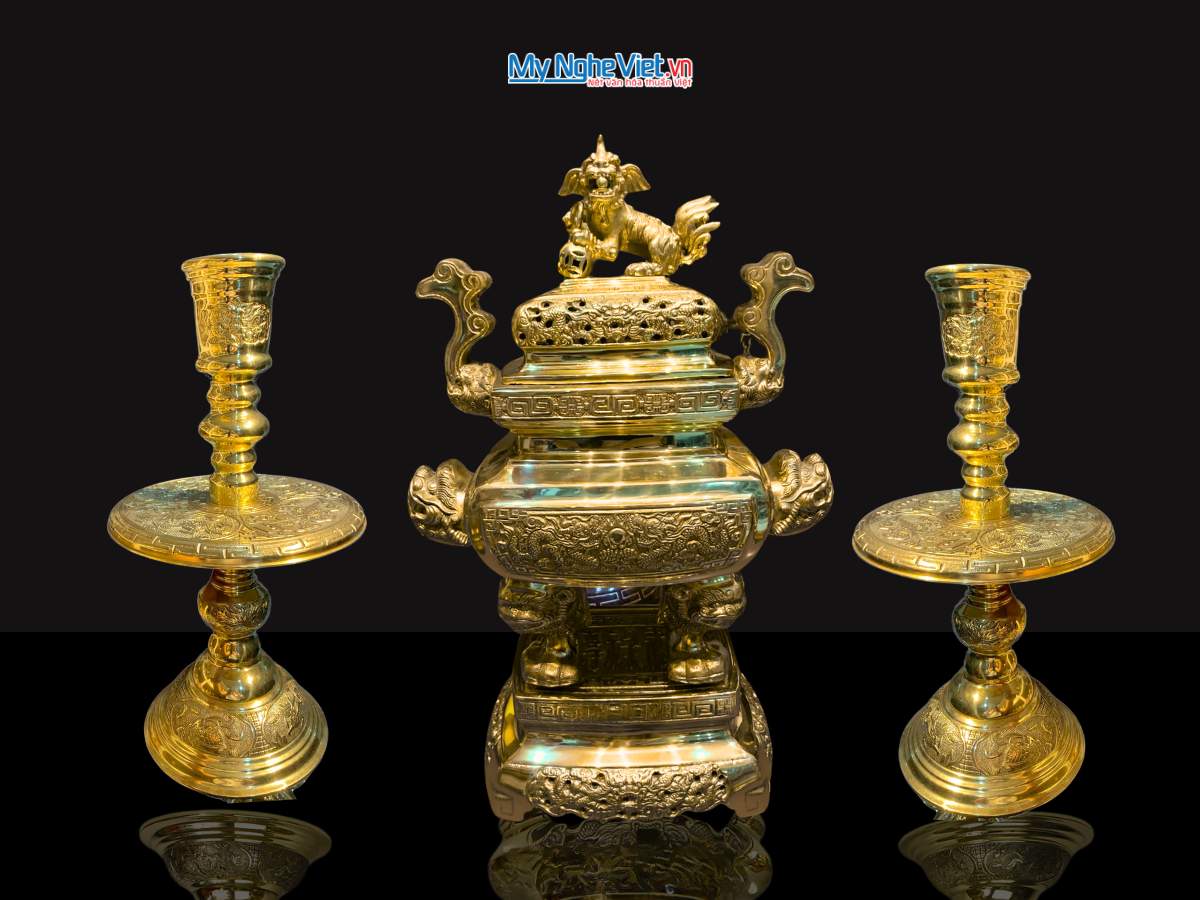 Bộ tam sự vàng bóng Đỉnh vuông H45cm