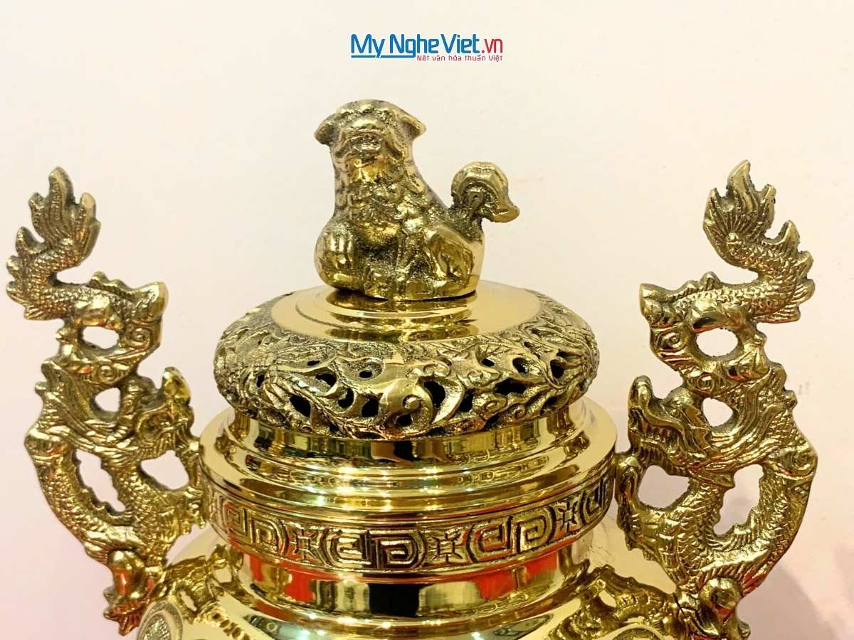 Bộ Lư (Đỉnh) Đồng Ngũ Sự và Đôi Chân Nến + Đôi Hạc Đồng Nhỏ - Bộ thờ cúng MNV-DD21-1