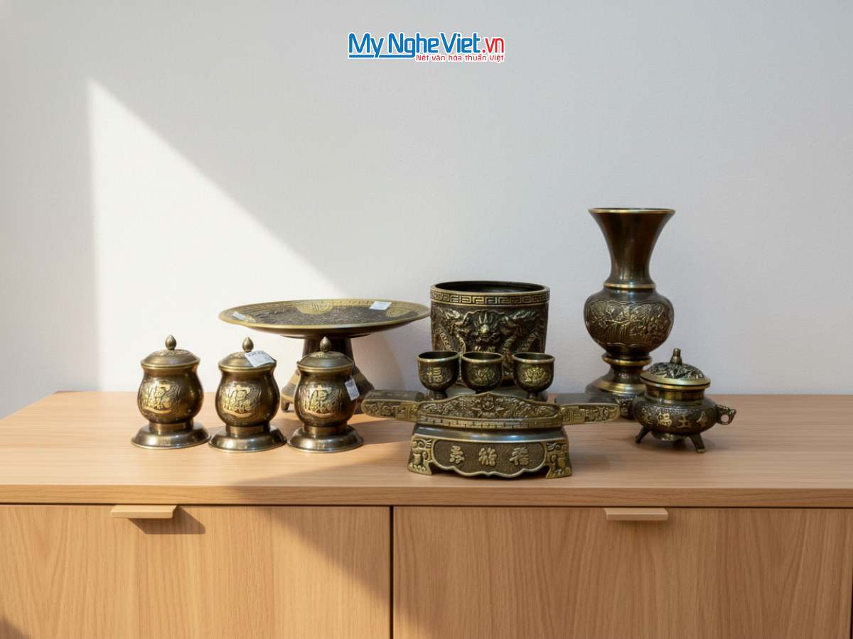 Bộ đồ thờ cúng Ông Táo Bằng Đồng Cạo Màu