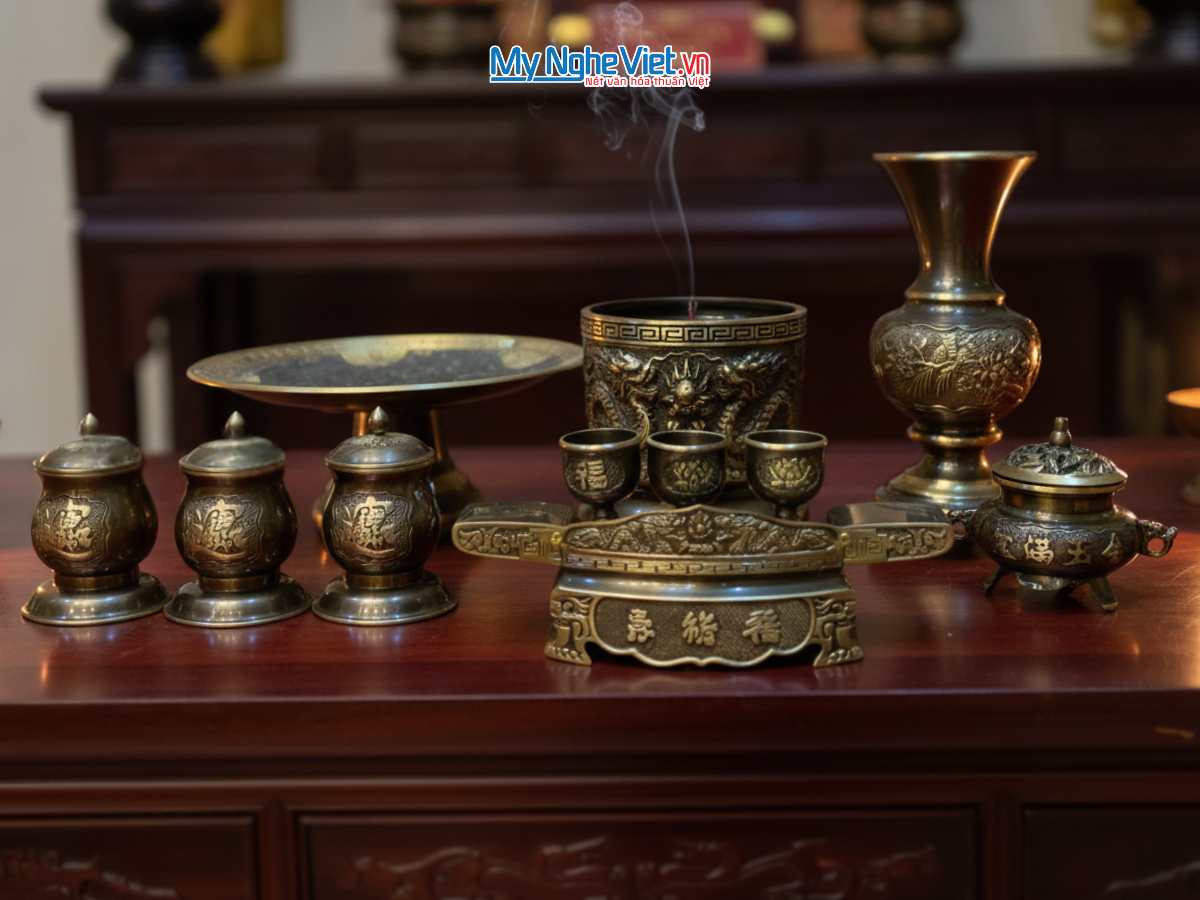 Bộ đồ thờ cúng Ông Táo Bằng Đồng Cạo Màu