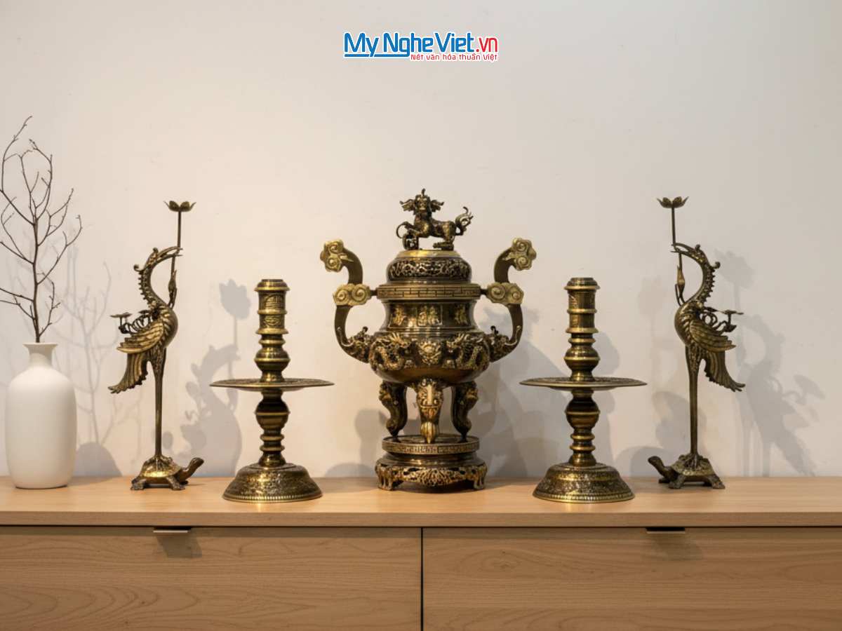 Bộ Đồ Thờ cúng Ngũ sự Đồng Cạo màu Cao Cấp Mới Đỉnh cao 55cm