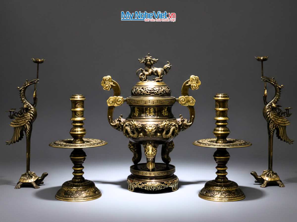 Bộ Đồ Thờ cúng Ngũ sự Đồng Cạo màu Cao Cấp Mới Đỉnh cao 55cm