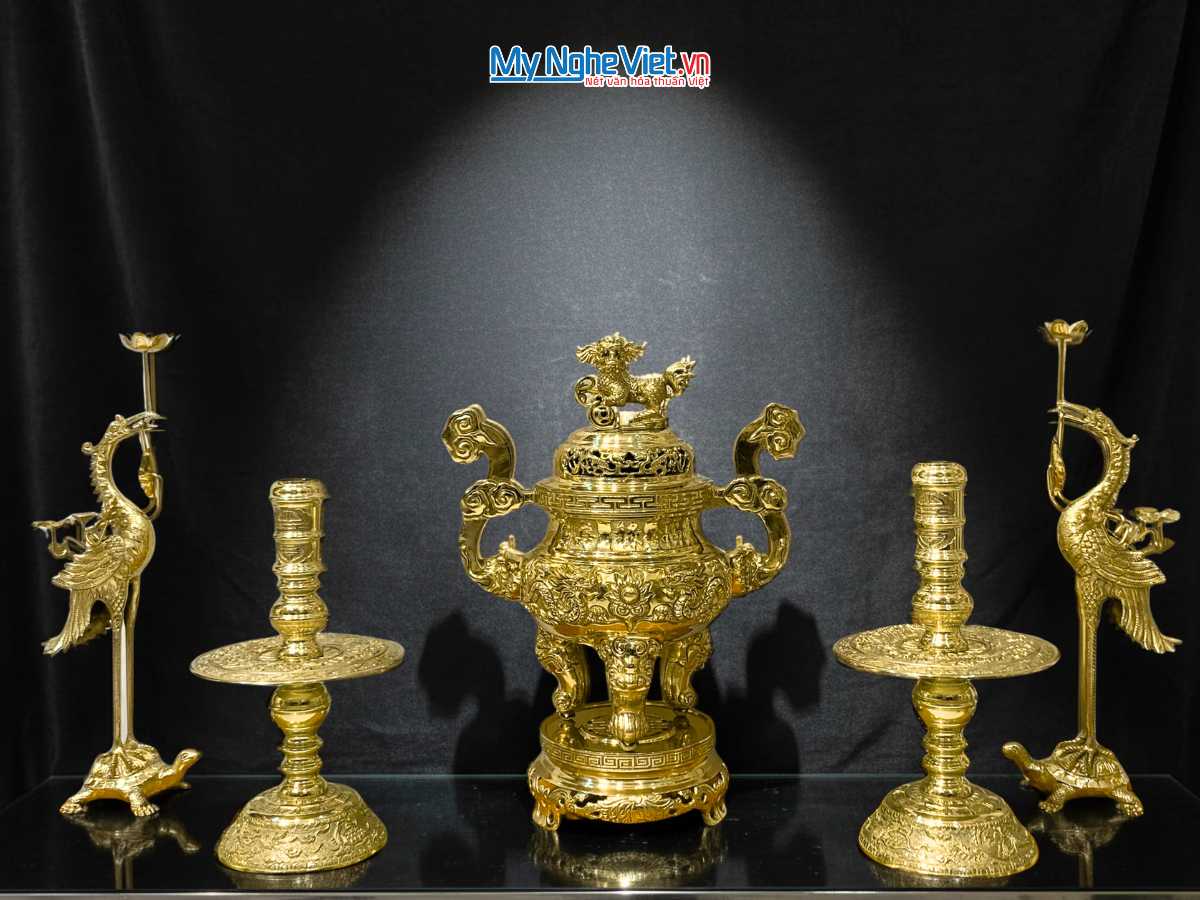 Bộ Lư (Đỉnh) Đồng Ngũ Sự và Đôi Chân Nến + Đôi Hạc Đồng - Bộ thờ cúng MNV-DD20-55
