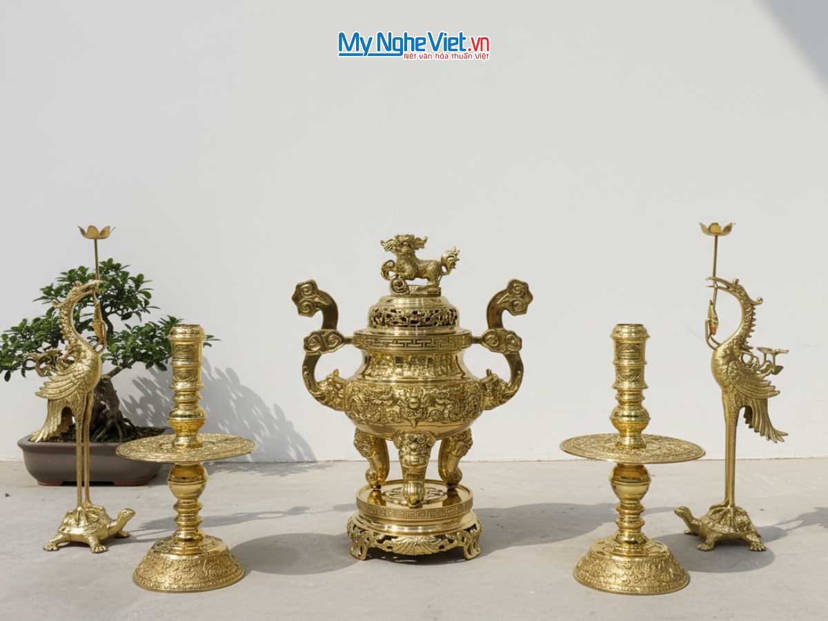 Bộ Lư (Đỉnh) Đồng Ngũ Sự và Đôi Chân Nến + Đôi Hạc Đồng - Bộ thờ cúng MNV-DD20-55