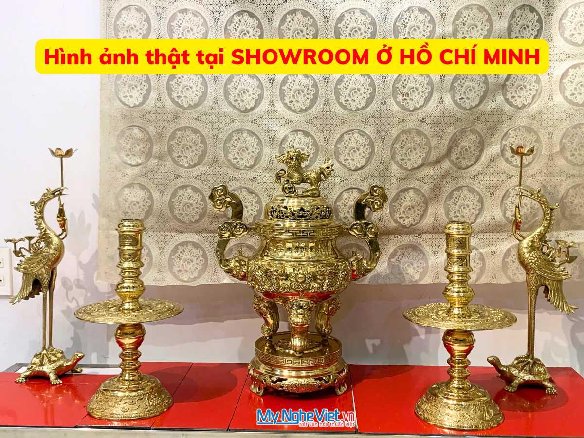 Bộ Lư (Đỉnh) Đồng Ngũ Sự và Đôi Chân Nến + Đôi Hạc Đồng - Bộ thờ cúng MNV-DD20-55