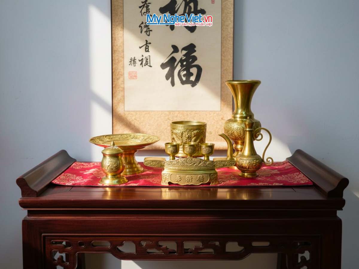 Bộ đồ thờ cúng Ông Táo Bằng Đồng Vàng Đậm (6 món)