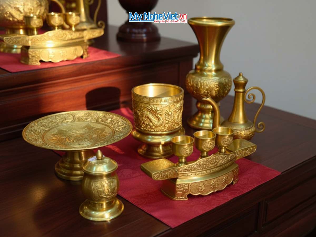 Bộ đồ thờ cúng Ông Táo Bằng Đồng Vàng Đậm (6 món)