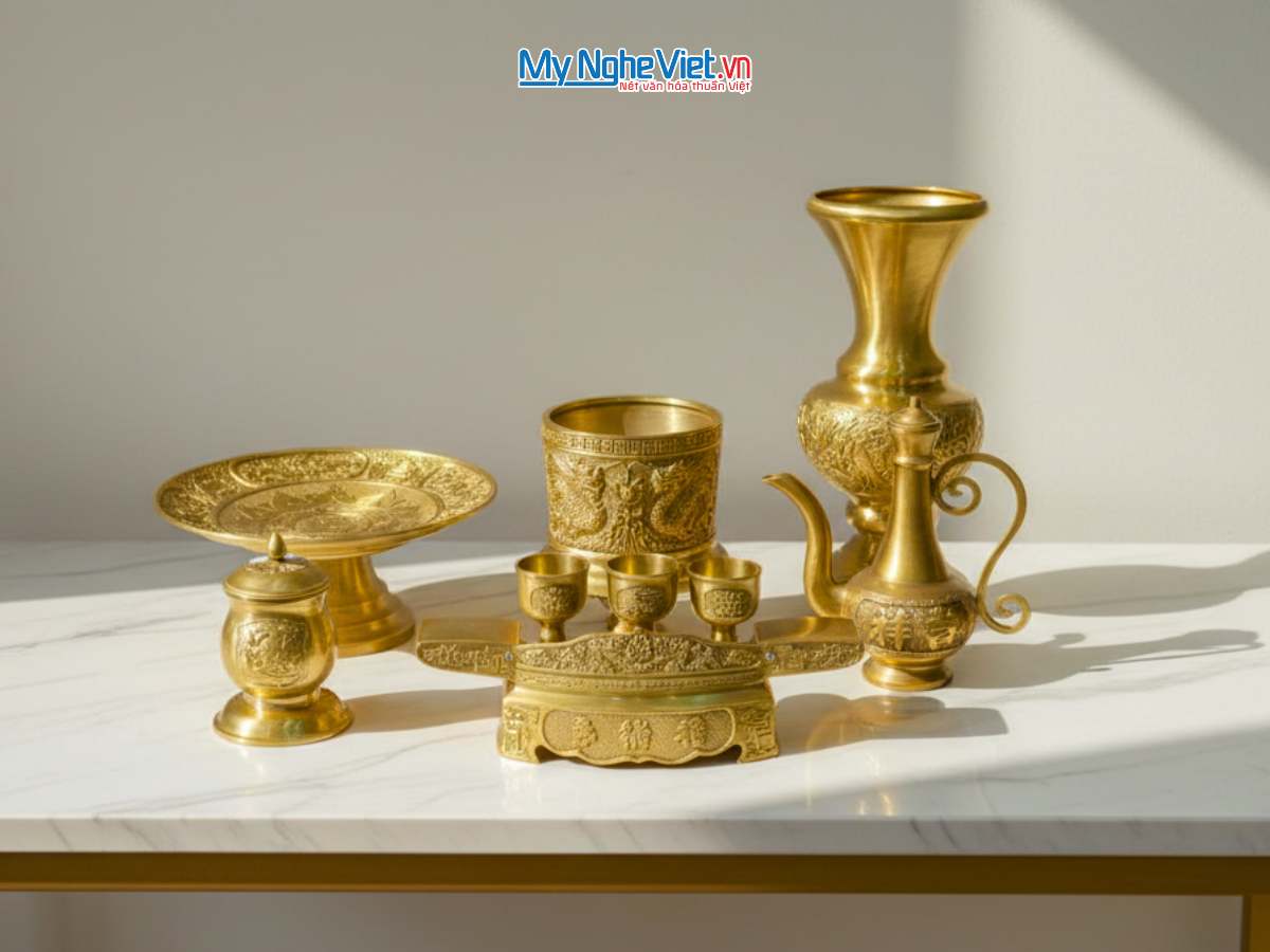 Bộ đồ thờ cúng Ông Táo Bằng Đồng Vàng Đậm (6 món)