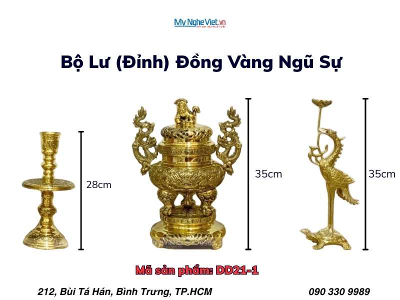Bộ Lư (Đỉnh) Đồng Ngũ Sự và Đôi Chân Nến + Đôi Hạc Đồng Nhỏ - Bộ thờ cúng MNV-DD21