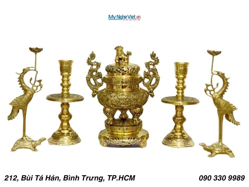 Bộ Lư (Đỉnh) Đồng Ngũ Sự và Đôi Chân Nến + Đôi Hạc Đồng Nhỏ - Bộ thờ cúng MNV-DD21