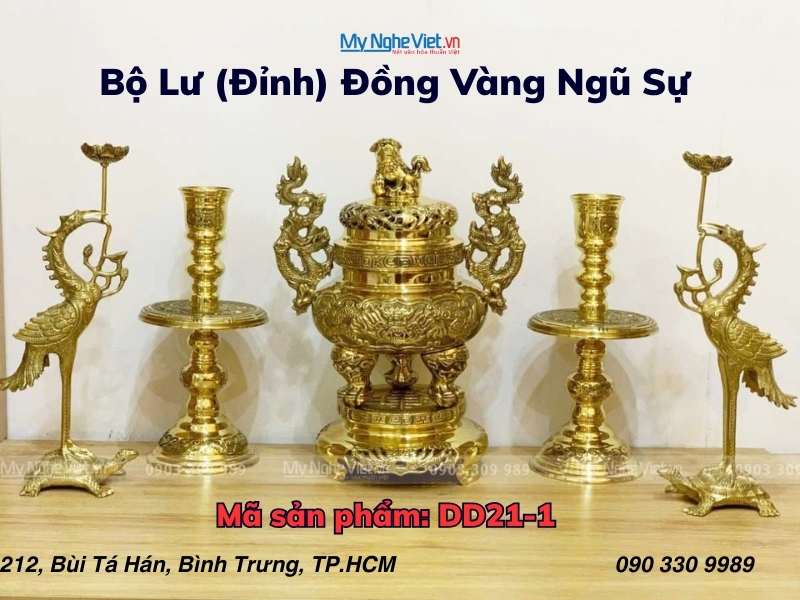 Bộ Lư (Đỉnh) Đồng Ngũ Sự và Đôi Chân Nến + Đôi Hạc Đồng Nhỏ - Bộ thờ cúng MNV-DD21