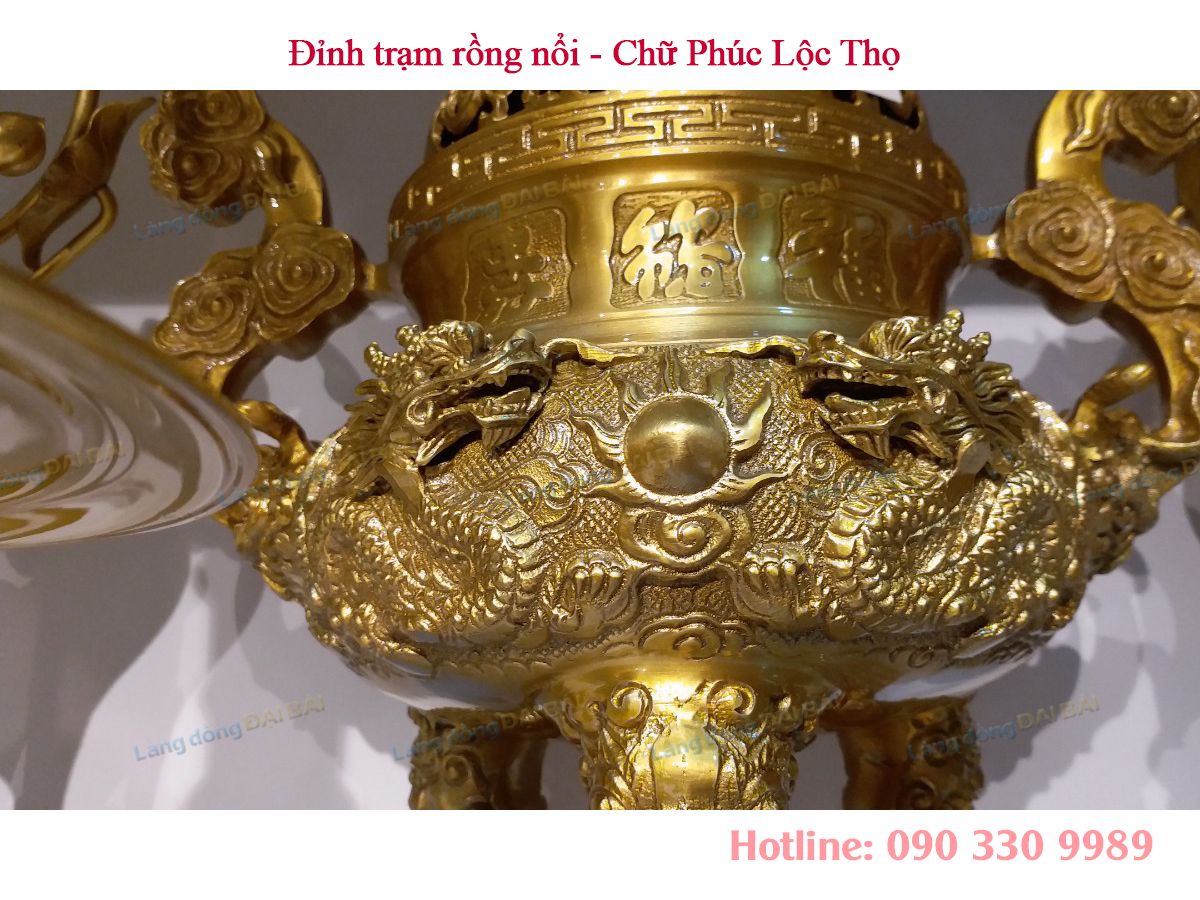 Bộ Tam Sự Đồng Vàng Đậm Chạm Rồng+ cặp Hoa Sen MNV-DD18/40Rvangdam