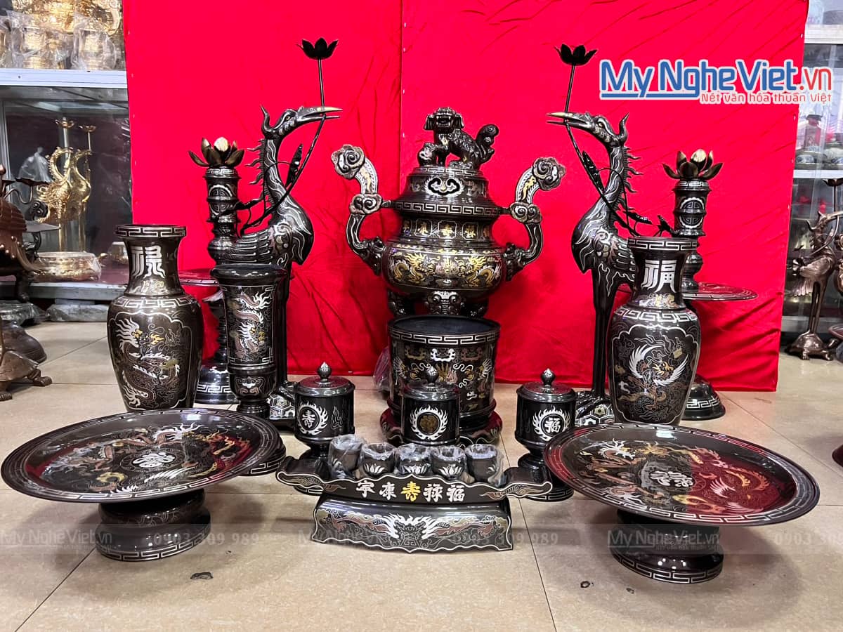 Bộ ngũ sự bằng đồng khảm ngũ sắc 5 chữ vàng H70cm hàng đẹp DDNS18-70