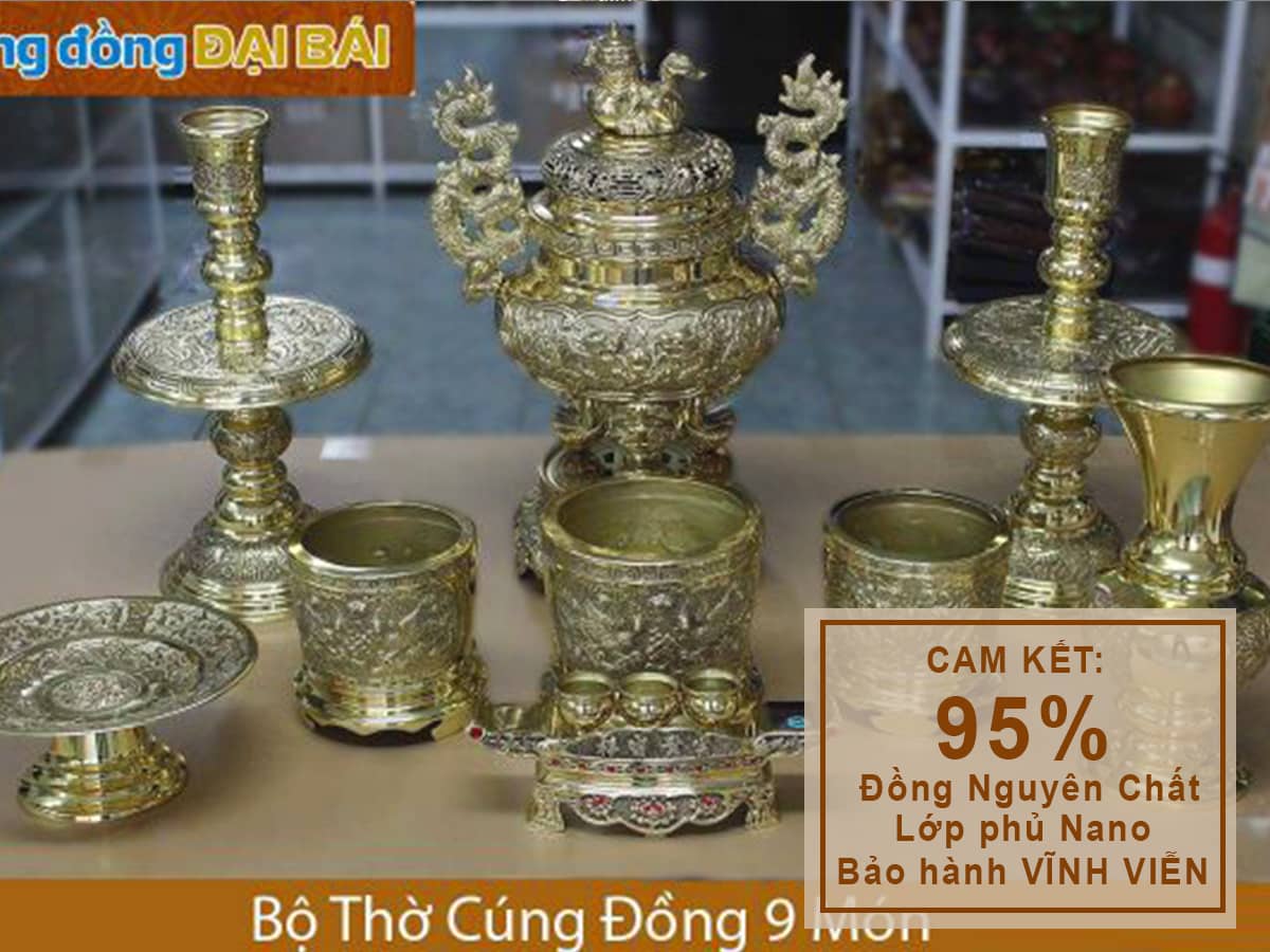 Bộ đồ thờ cúng bằng đồng 9 món ( Lư đồng cao 45cm ) 3 Bát hương + Cặp hạc